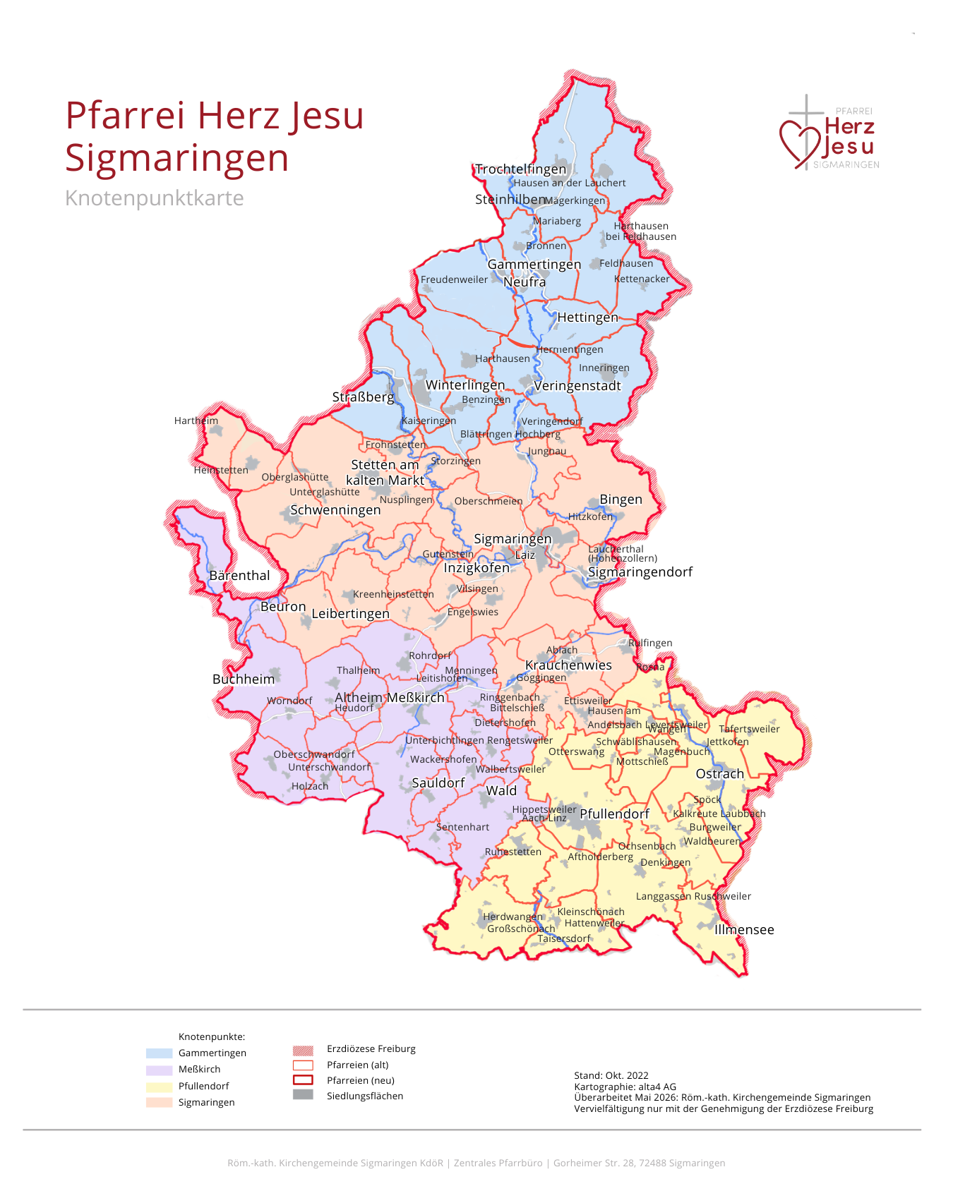 In der geografischen Karte der Pfarrei sind die Gemeinden, ehemaligen Pfarreien und die Knotenpunkte gekennzeichnet.