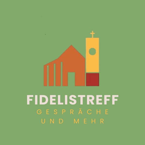 Fideliskirche in Rot und Orangetönen als Logo vor grünem Hintergrund